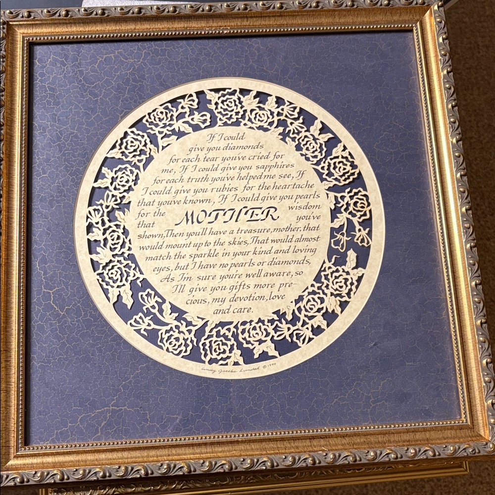 Framed "Mother” Laser Art Design Cindy Jacobs‎ Ltd 1990 16”x 16” gift gold frame